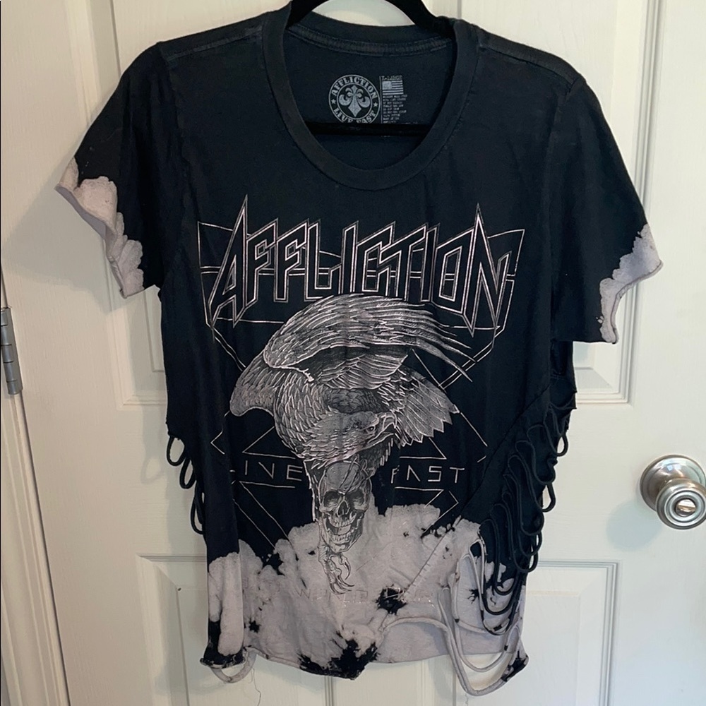 Affliction Black and White Graphic Tee with Fringe